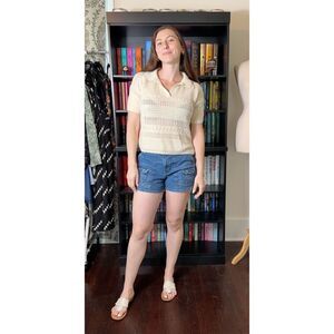 Joie Crochet Short Sleeve Collared White Top Size Medium